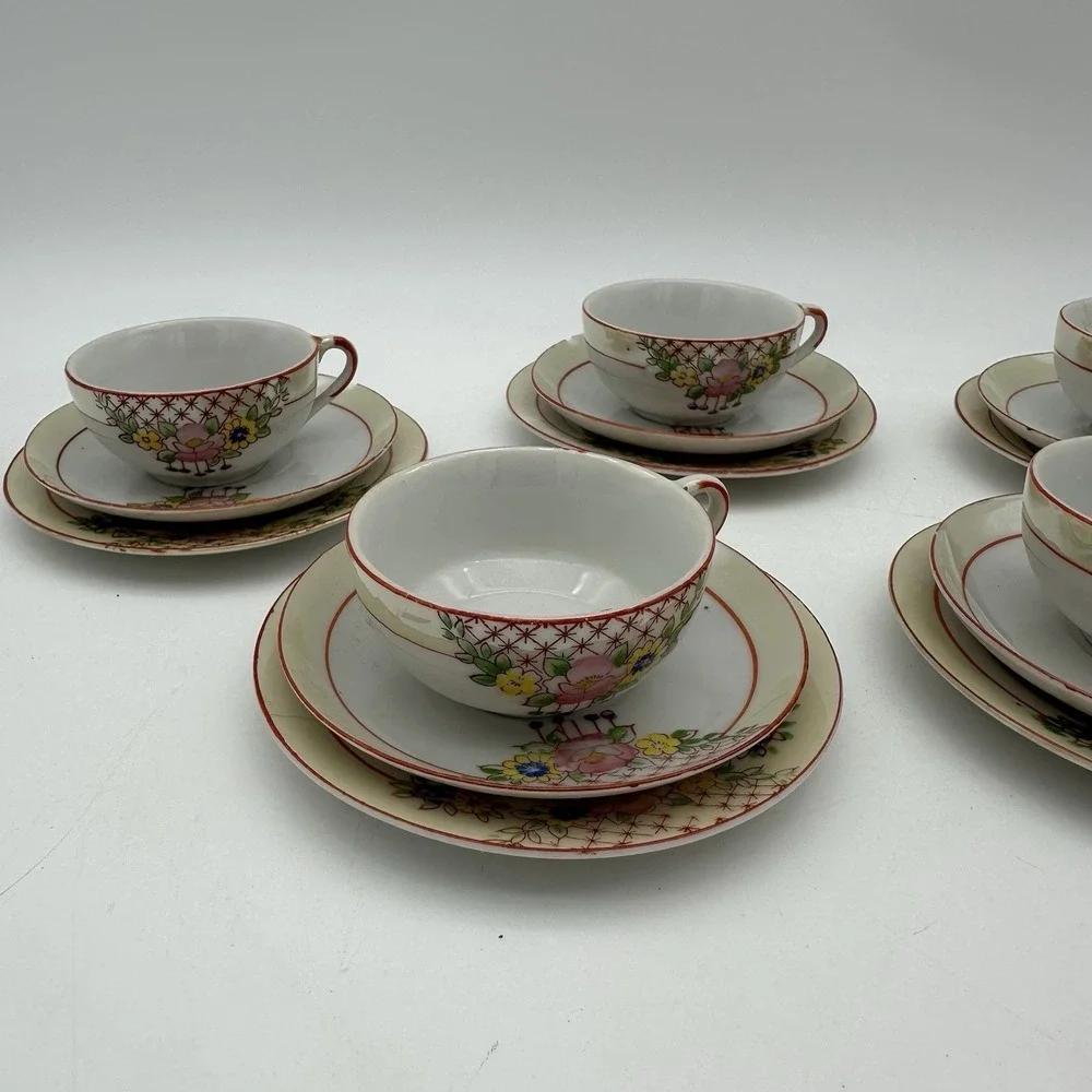Vintage China Floral Demitasse Cup & Saucer 5 Sets Mini Red Trim Childs Tea Size